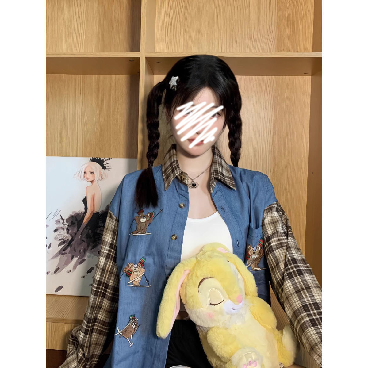 格子拼接設計感牛仔襯衫外套女2023秋季新款韓版小個子寬鬆上衣潮