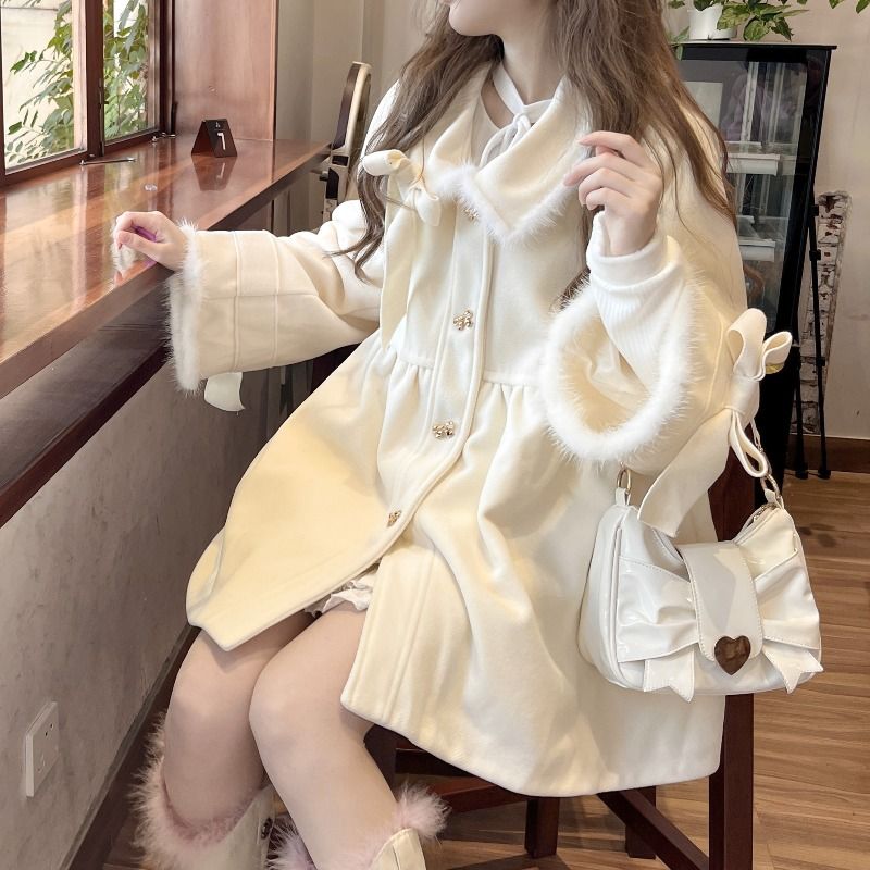 小個子娃娃領白色外套女秋冬季高級感加絨加厚毛呢子大衣2023新款