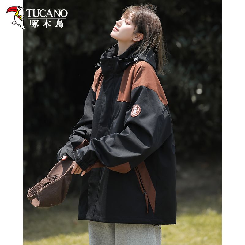 啄木鳥登山衝鋒衣女春秋季新款拼色潮牌寬鬆戶外防風防水大碼外套