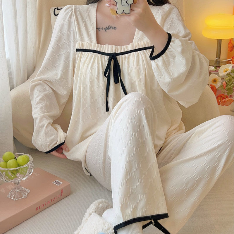 奶呼呼帶胸墊睡衣女春秋款純棉長袖2023年新款冬季甜美家居服套裝