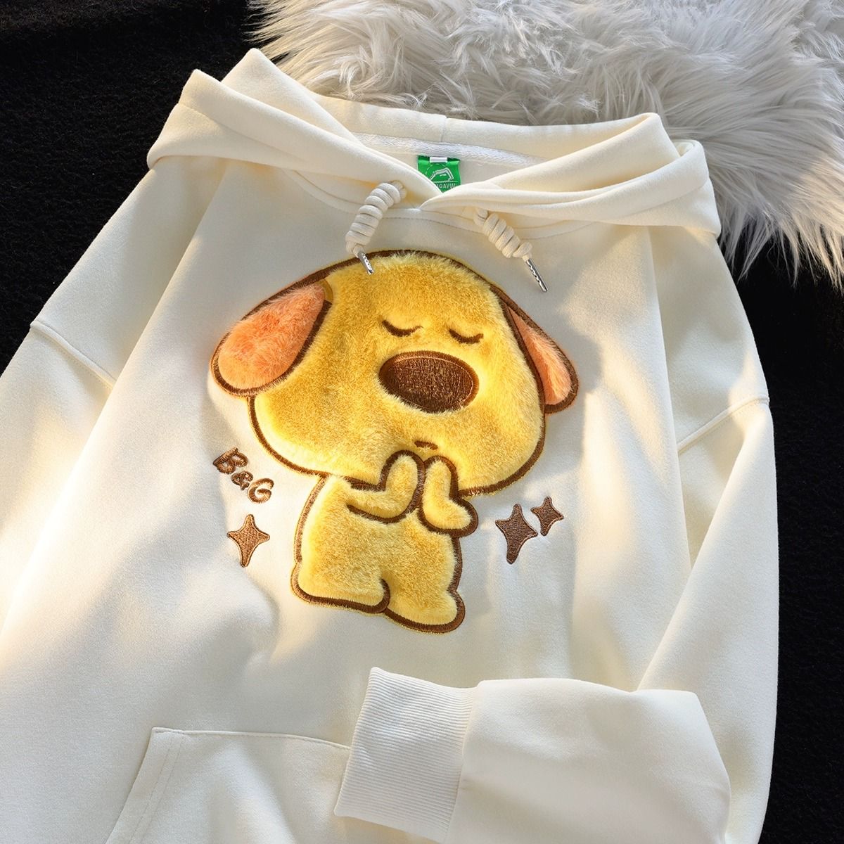 美式新款植絨祈禱小狗情侶裝衛衣女秋冬季寬鬆小眾奶油風連帽外套