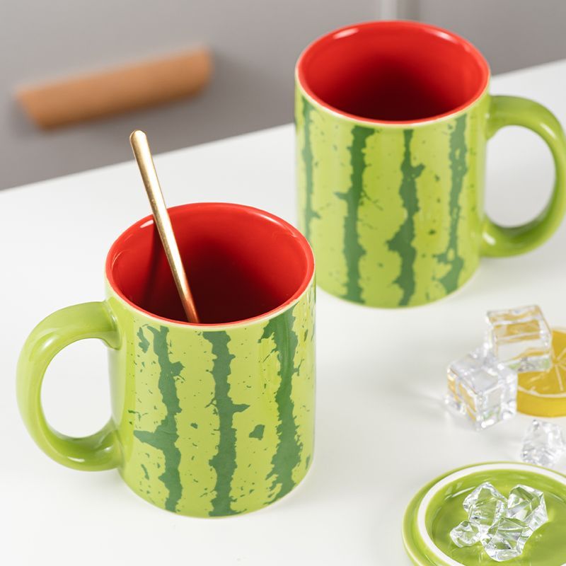 陶瓷水杯早餐咖啡杯西瓜杯创意水果马克杯有盖耐高温礼盒装情侣款