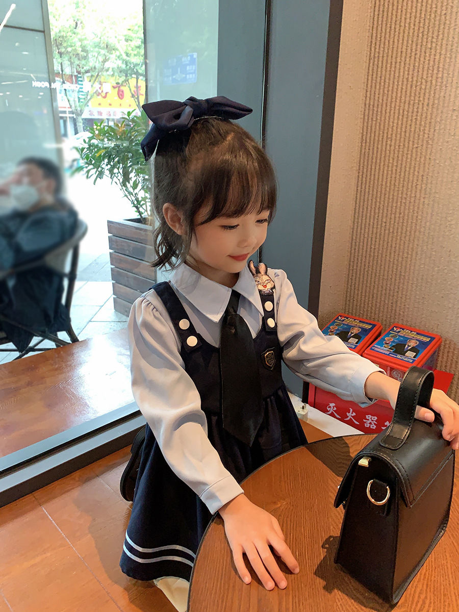 Baby girl dress spring and autumn style bunny police officer trendy jk uniform college style children's fake two-piece western style princess dress