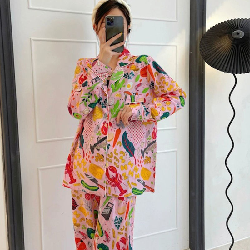 睡衣女春秋季新款冰絲蔬菜印花長袖長褲甜美小香風夏季家居服套裝