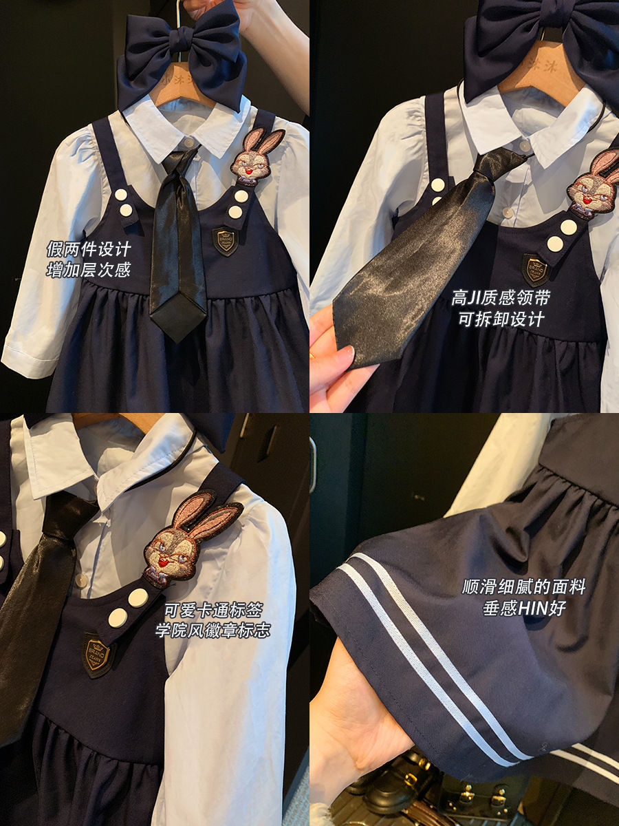 Baby girl dress spring and autumn style bunny police officer trendy jk uniform college style children's fake two-piece western style princess dress