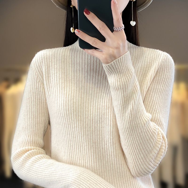 秋冬新款修身半高領毛衣女純色抽條顯瘦長袖打底針織衫保暖內搭女