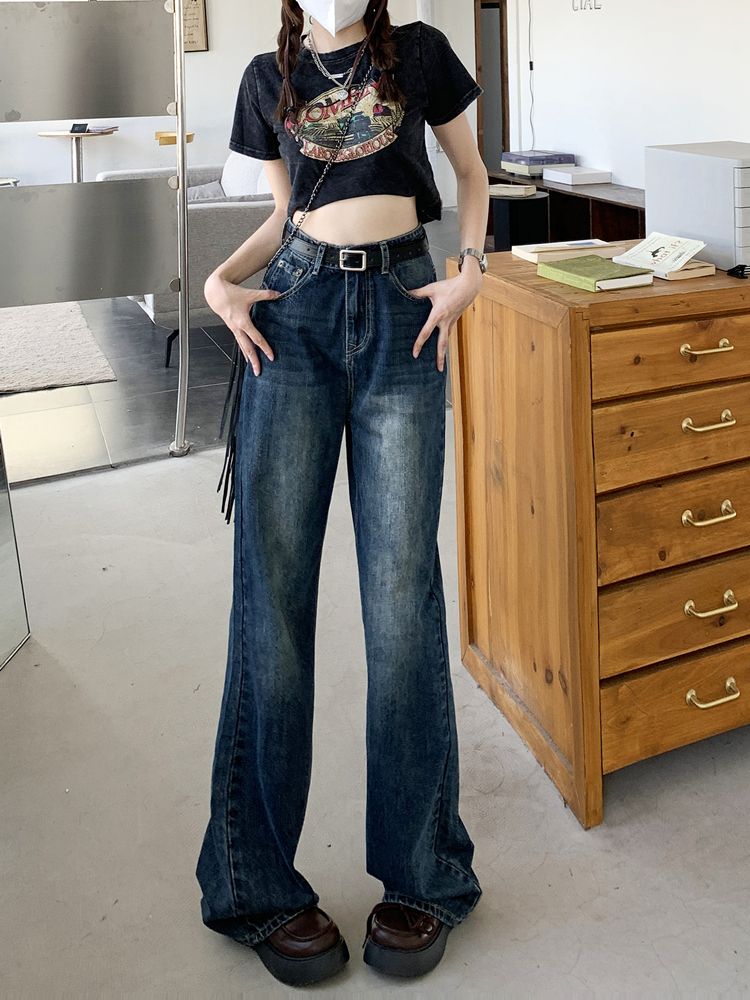 YSYOURS高腰微喇叭牛仔褲女春秋復古藍顯瘦寬鬆大碼闊腿直筒褲子