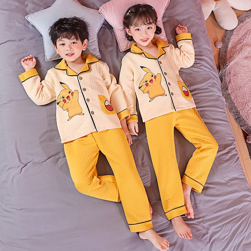 Spring, autumn and winter air cotton sandwich pajamas for boys, infants and young children home clothes set pure cotton children's long-sleeved warm baby