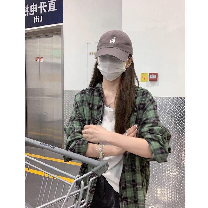 復古綠色格子薄款長袖襯衫女夏早秋冪式穿搭襯衣春秋外套外穿上衣