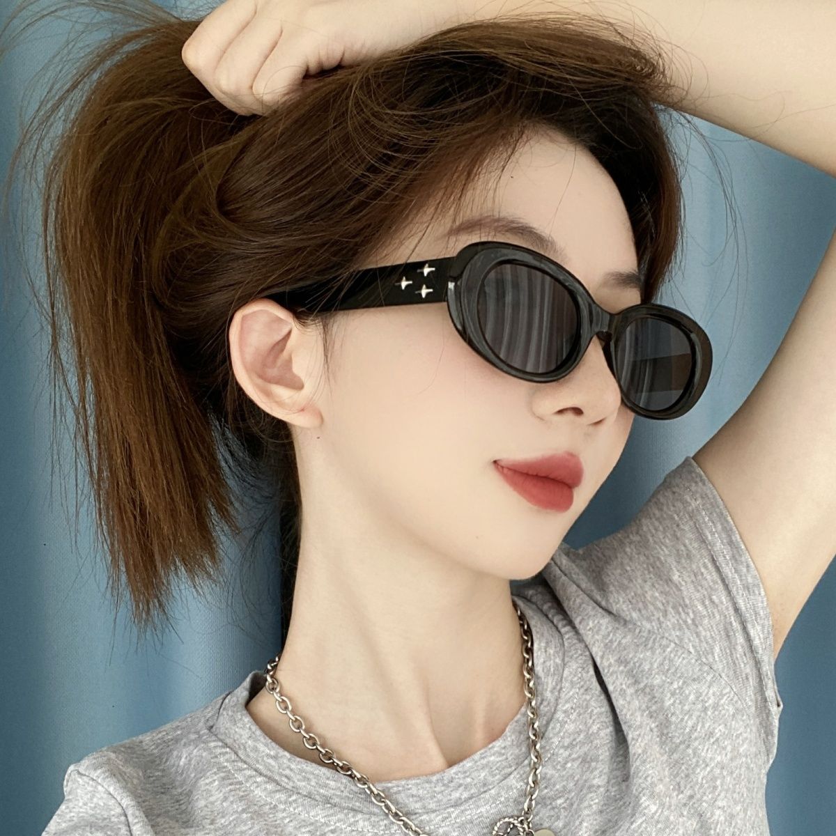 Broken Star Sunglasses Women's Cool, Handsome and High-Grade Trendy Retro Cat-Eye Black Oval Sunglasses Sun Protection and UV Protection