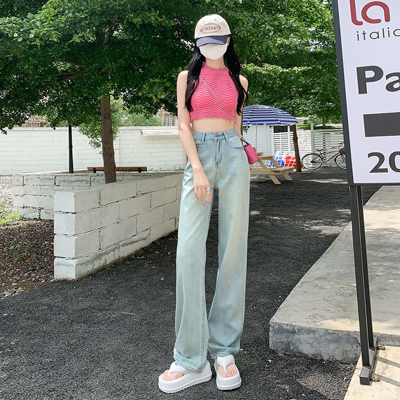 淺色直筒高腰顯瘦窄版牛仔褲女夏天薄款2023新款小個子闊腿褲垂感