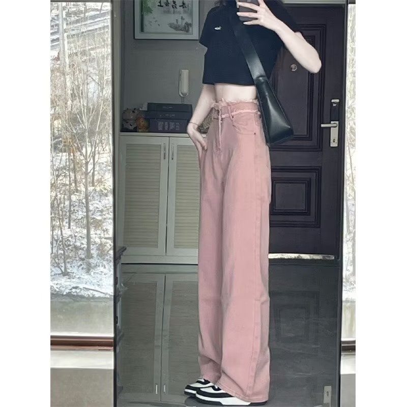 粉色牛仔褲女直筒寬鬆秋季大碼胖mm顯瘦褲子復古設計感高腰闊腿褲