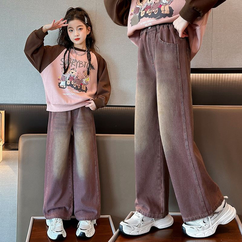 女童褲子春秋季2023新款大童韓版女孩直筒褲牛仔褲寬鬆闊腿褲長褲