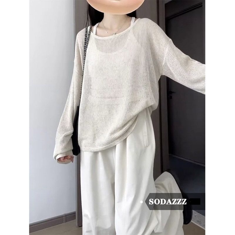 SODAZZZ鏤空條紋防曬上衣女春秋新款薄款慵懶風寬鬆顯瘦長袖T恤