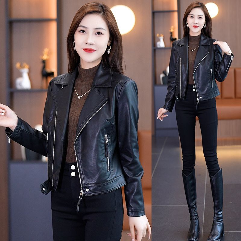 Leather jacket women's short 2023 autumn new PU motorcycle early autumn versatile black leather jacket for age-reducing small people