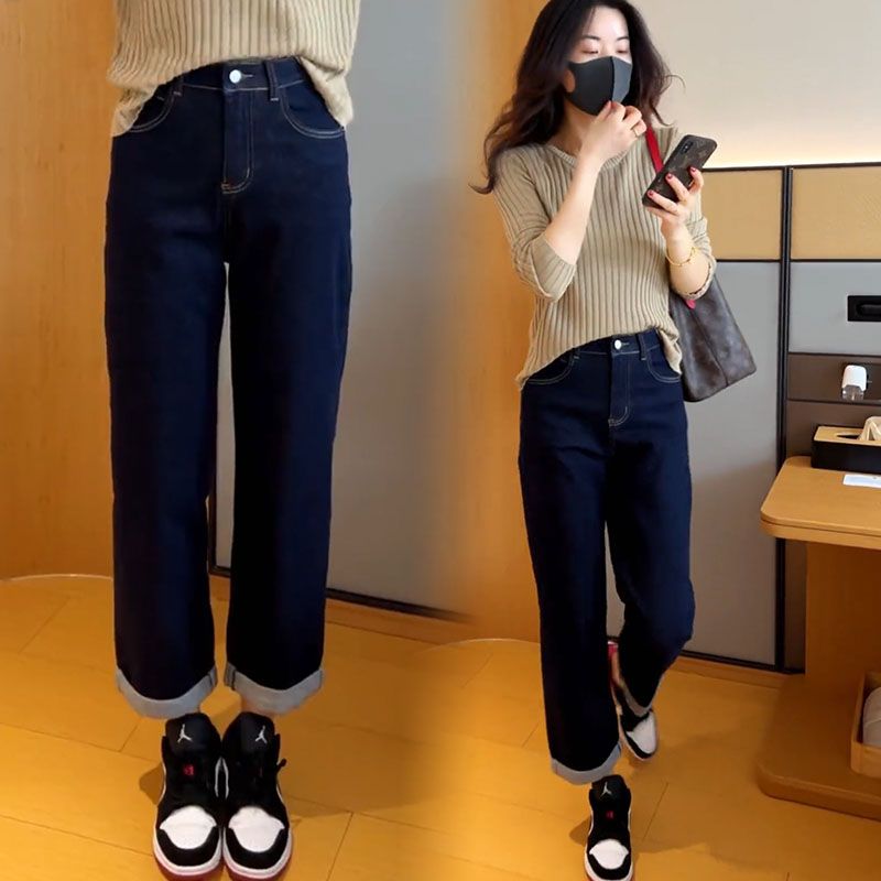 藍海奕諾休閒高腰直筒褲九分牛仔褲女2023秋季新款百搭顯瘦褲子潮