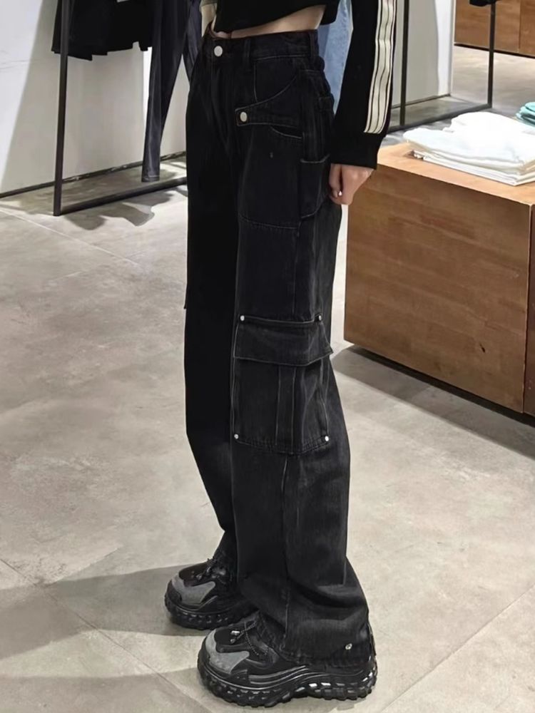 黑色多口袋工裝牛仔褲女秋季新款高腰直筒設計感寬鬆闊腿拖地褲子