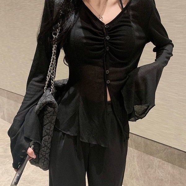 純欲黑色防曬開衫女裝夏季薄款設計感V領喇叭長袖針織衫早秋上衣