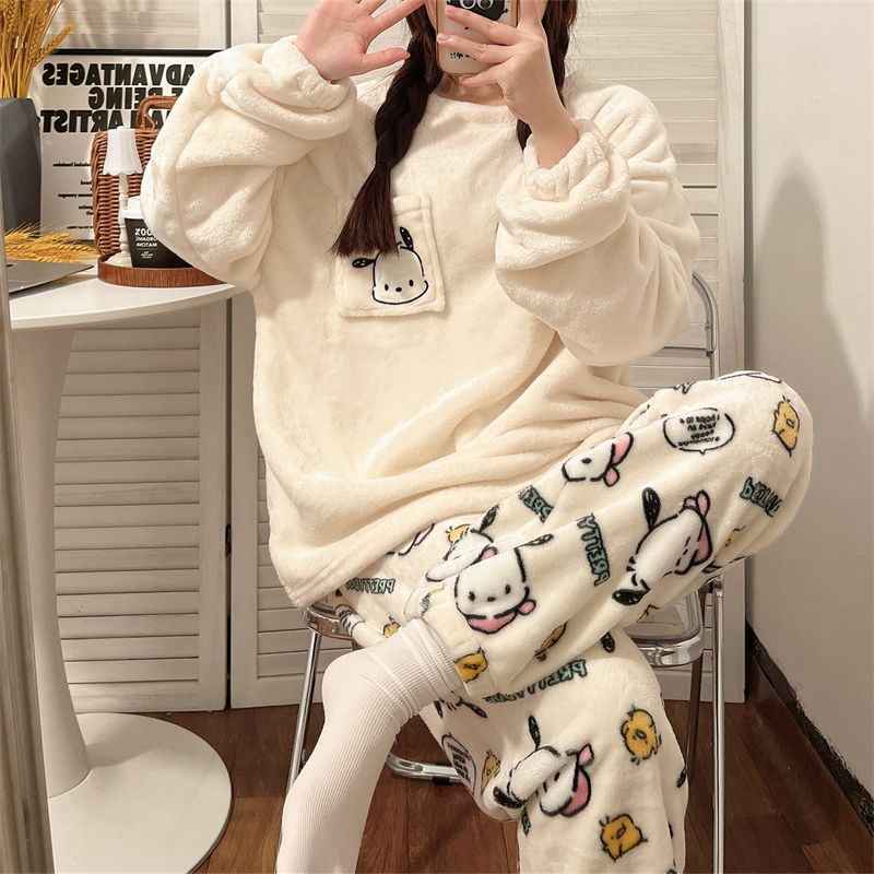 珊瑚絨睡衣女秋冬季加厚可愛帕恰狗少女法蘭絨保暖新款家居服套裝