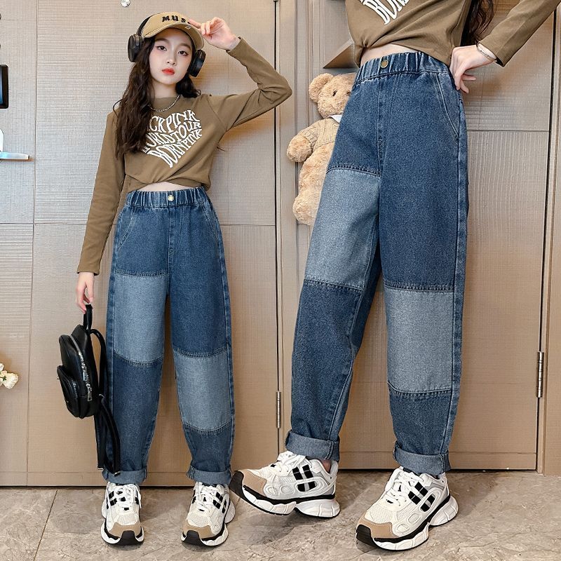 女童牛仔褲春秋2023新款中大童洋氣韓版老爹長褲兒童休閒秋裝褲子