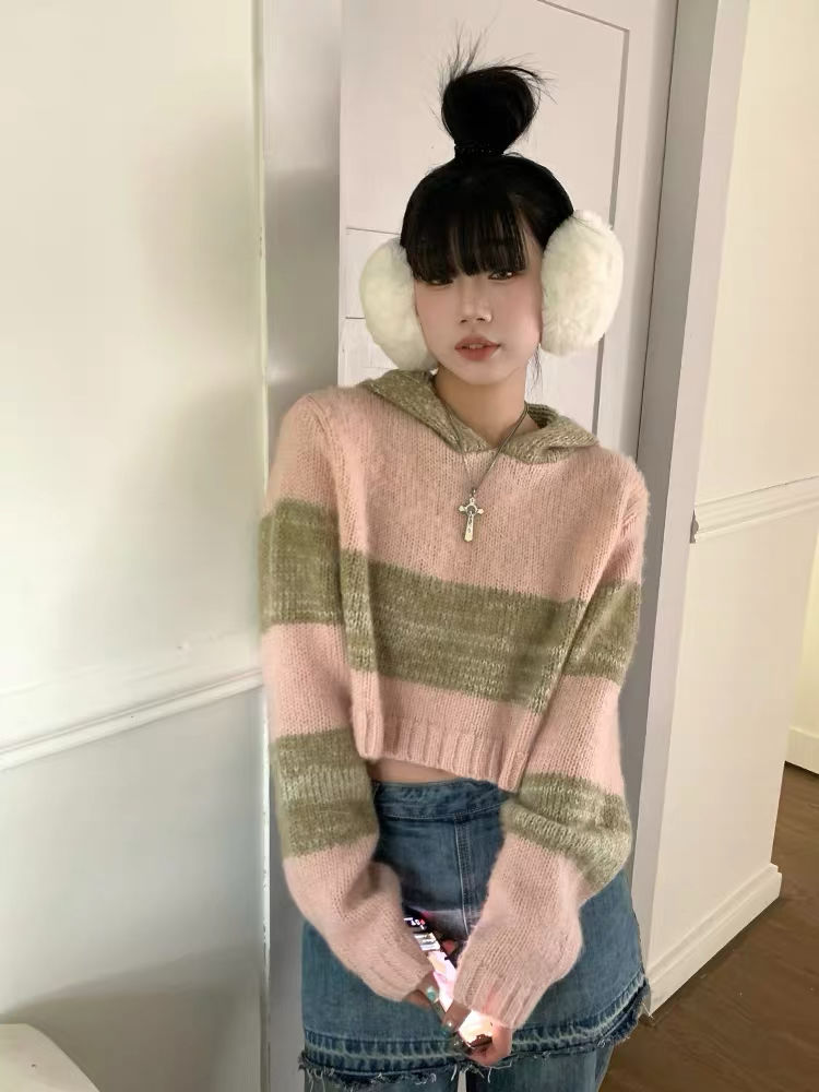慵懶風撞色條紋連帽針織衫毛衣女2023秋季新款甜美減齡別致上衣韓