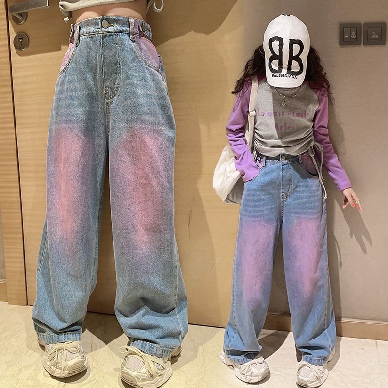 女童褲子春秋款女孩時髦洋氣中大童休閒直筒闊腿褲秋裝兒童牛仔褲