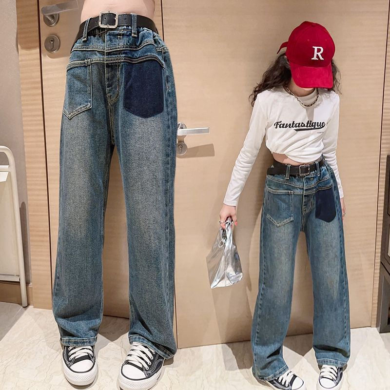 女童牛仔褲春秋2023新款女孩秋天時尚洋氣外穿闊腿褲兒童秋裝褲子