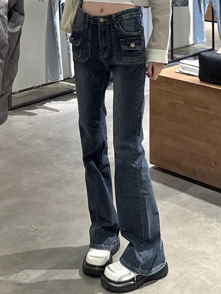 美式辣妹微喇牛仔褲女秋季新款高腰修身顯瘦百搭直筒拖地喇叭褲子