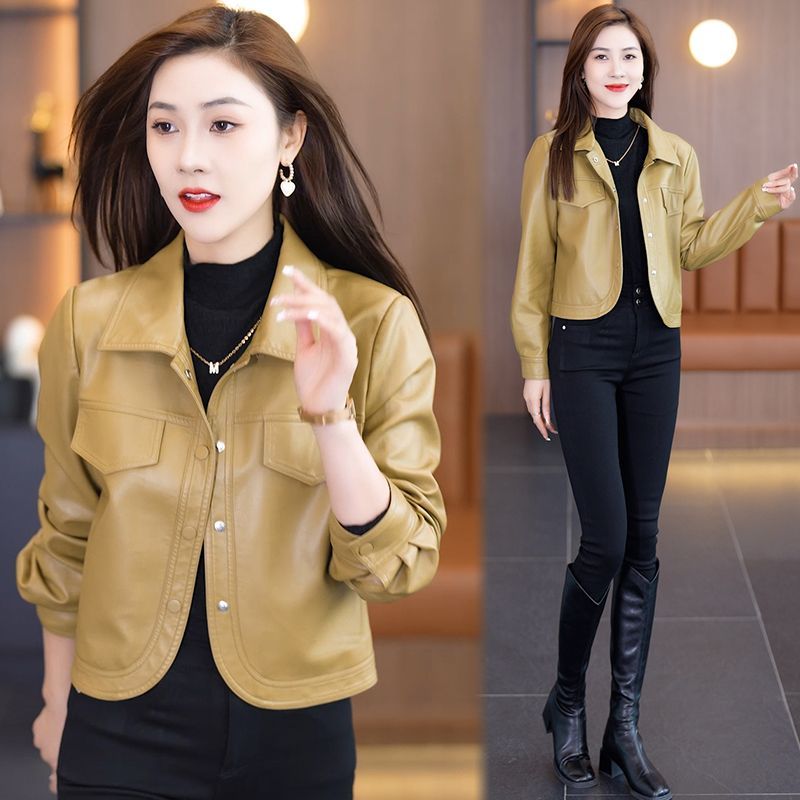 Black leather jacket for women early autumn 2023 new leather jacket short style slim fit small pu leather motorcycle slimming