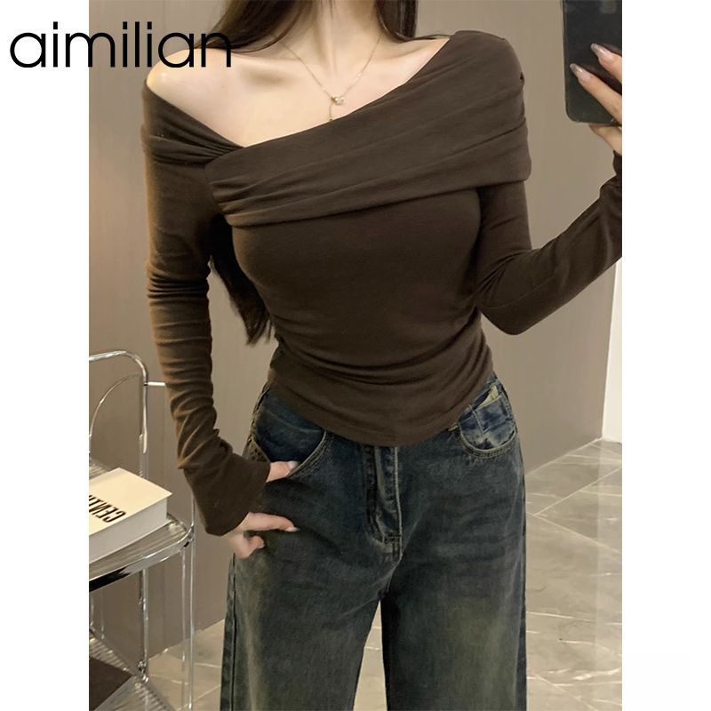 aimilian純欲風辣妹長袖t恤女春秋季設計感小眾斜領露肩別致上衣
