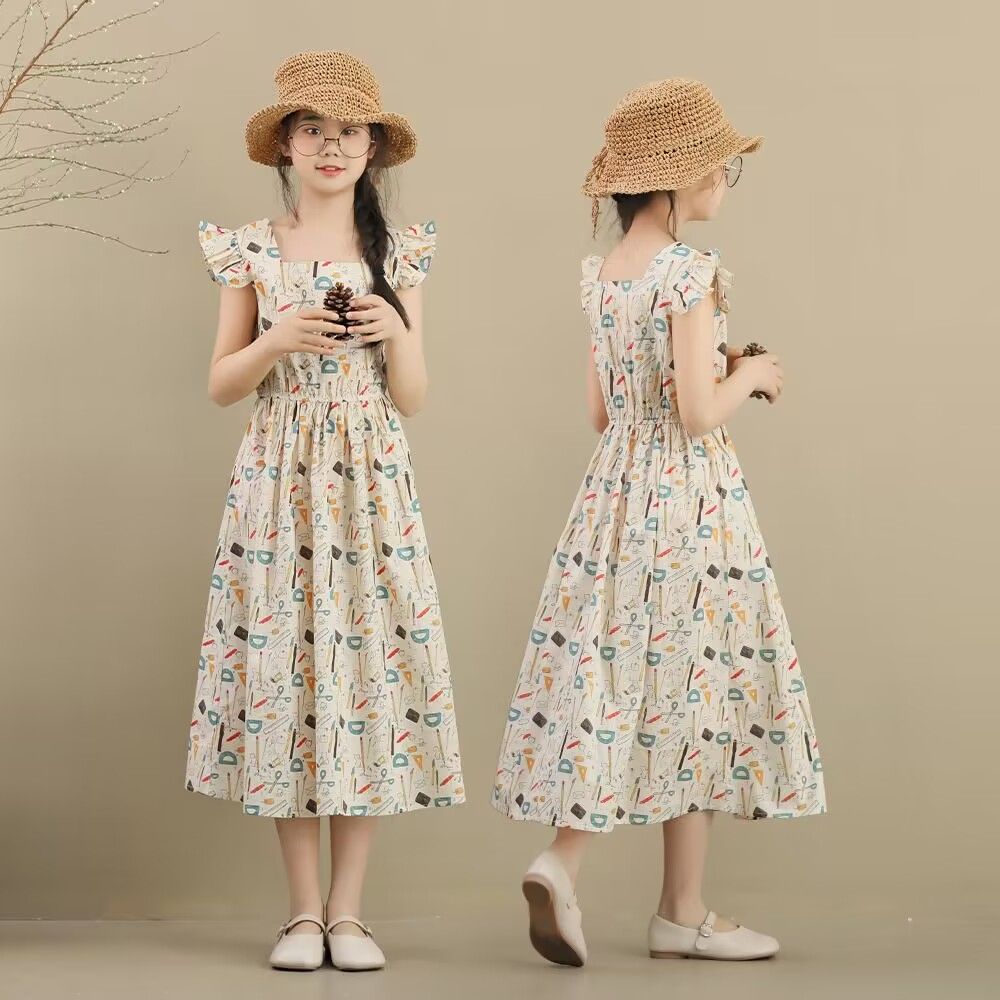 女童洋氣碎花連衣裙夏季韓版兒童學生裙子大童女孩飛邊袖方領長裙