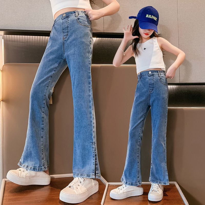女童牛仔褲春秋2023新款洋氣女孩時髦長褲大童褲子兒童秋季喇叭褲