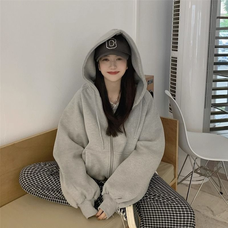 灰色衛衣外套春秋款女裝大碼胖妹妹連帽寬鬆高街長袖上衣2-300斤