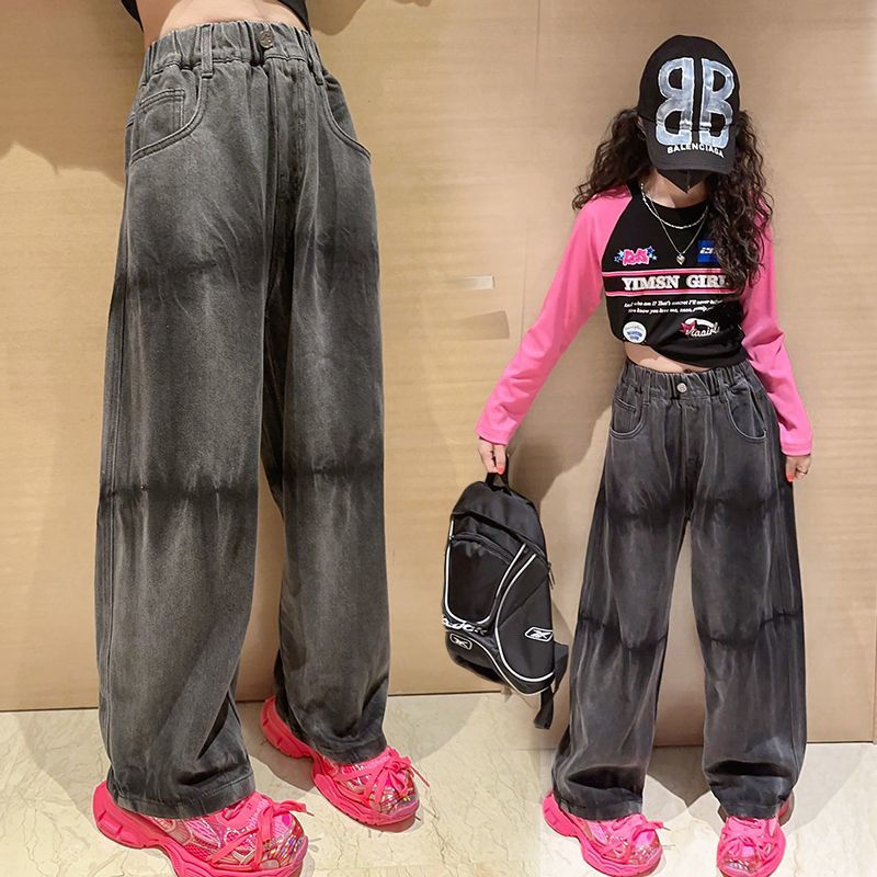 女童牛仔闊腿褲2023秋季新款中大童女孩洋氣秋裝時髦兒童春秋褲子