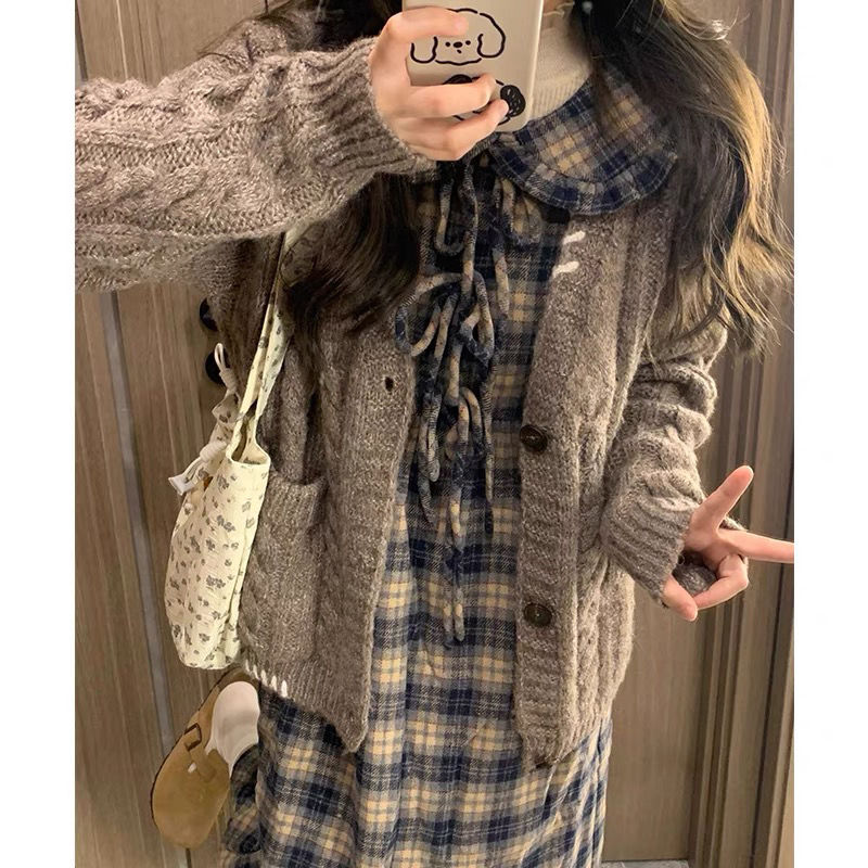 日系復古麻花毛衣外套女秋冬韓系慵懶風寬鬆外搭針織開衫加厚冬季