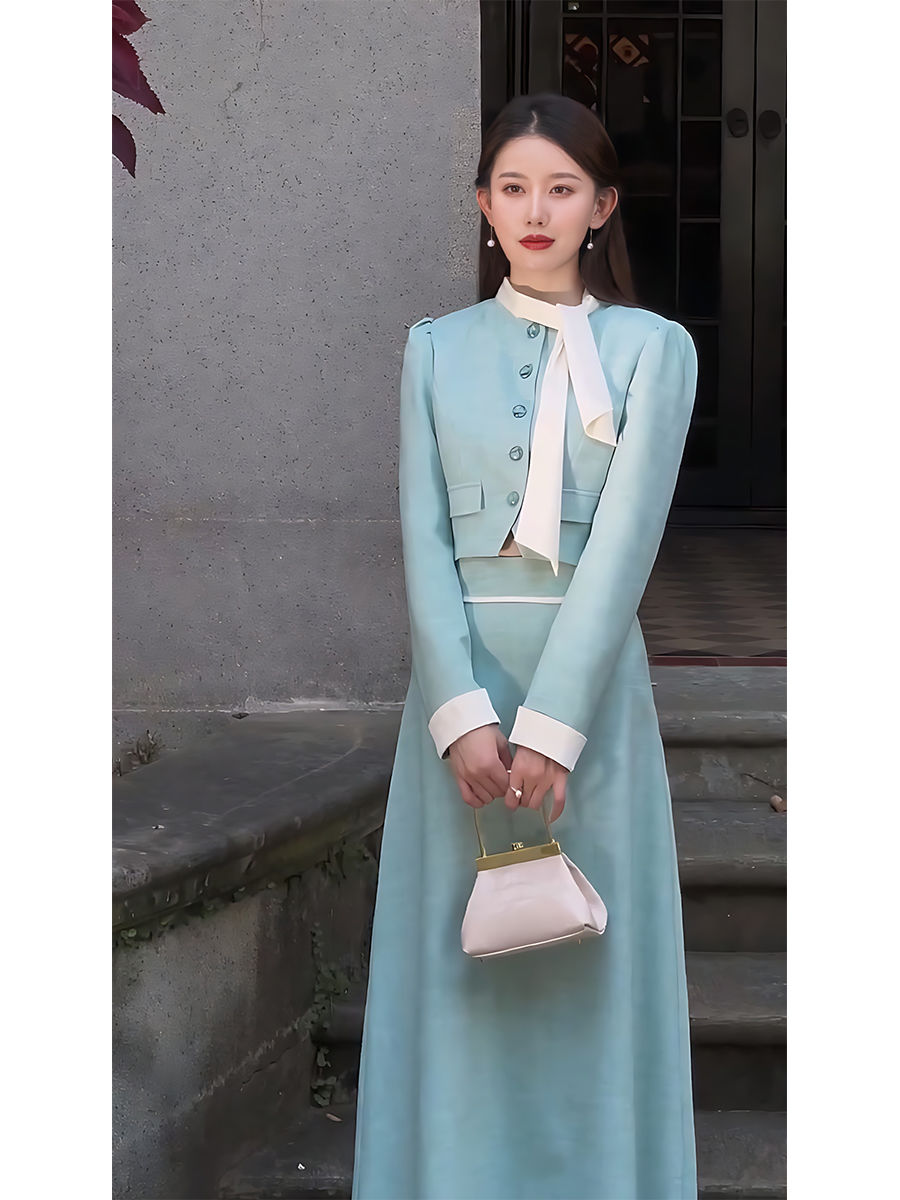 套裝女2023秋季新款名媛風短款撞色別致外套氣質高腰半身裙兩件套