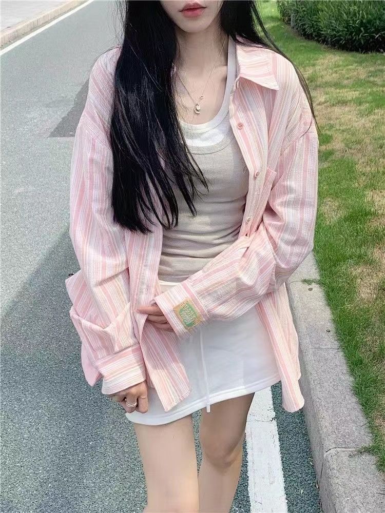 格瑞吉奧春秋休閒粉色豎條紋襯衣港風防曬衫寬鬆襯衫百搭上衣女潮