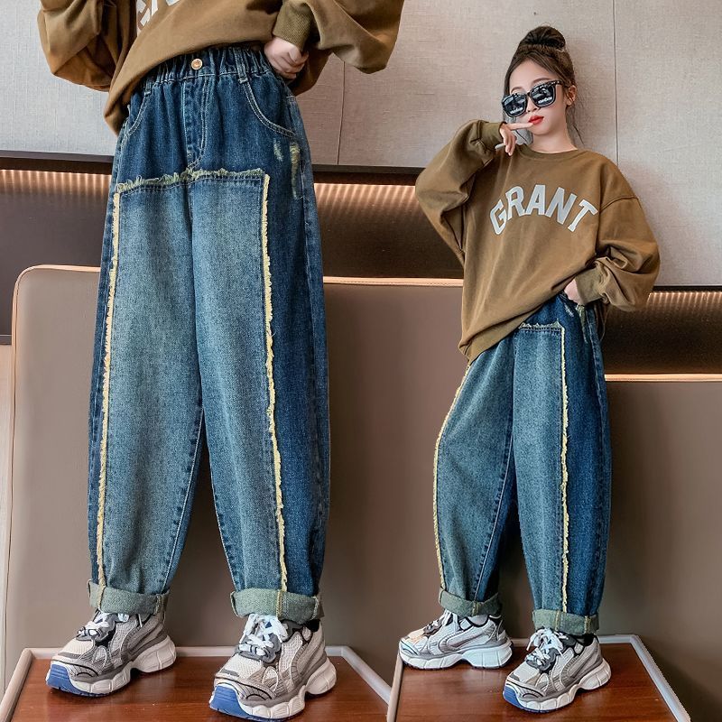 女童褲子春秋季2023新款中大童秋裝寬鬆老爹褲女孩長褲兒童牛仔褲