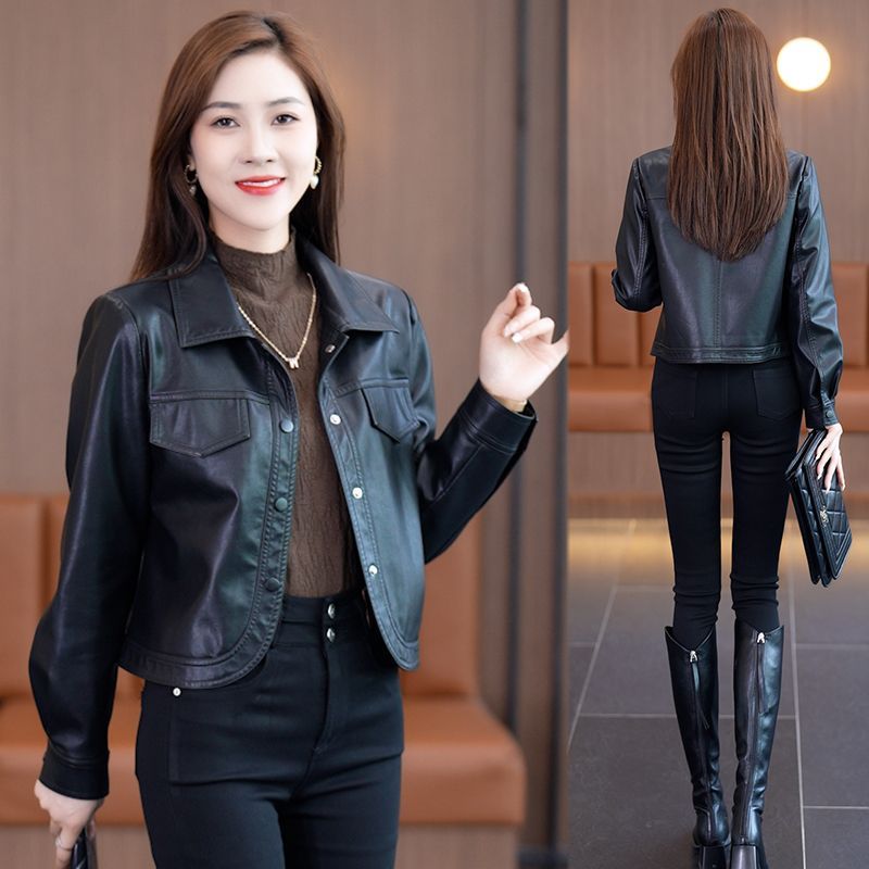 Black leather jacket for women early autumn 2023 new leather jacket short style slim fit small pu leather motorcycle slimming