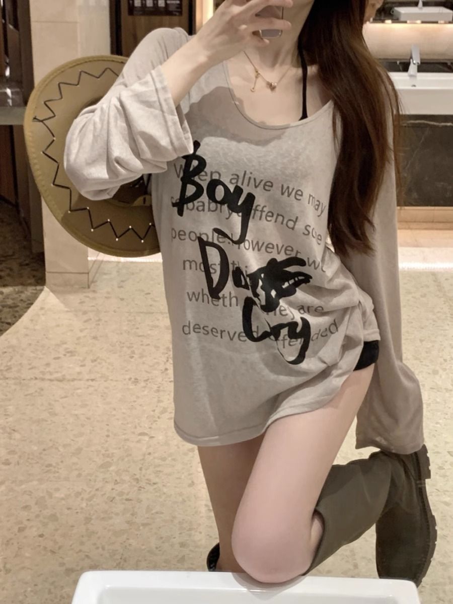 長袖防曬T恤女夏季薄款設計感小眾中長款寬鬆純欲打底印花上衣潮