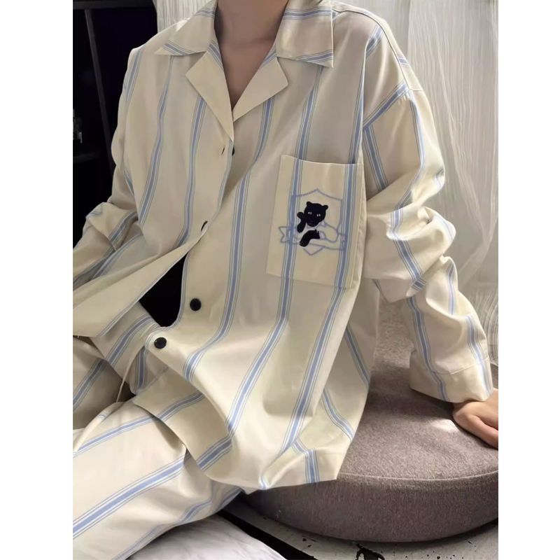 條紋睡衣女春秋新款長袖長褲ins日系黑豹卡通學生居家服套裝外穿