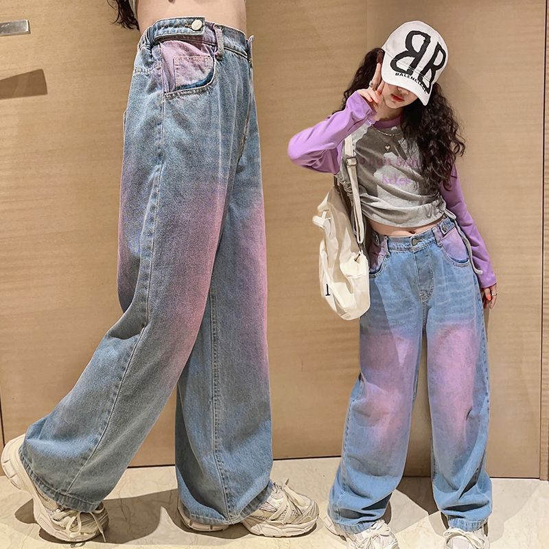 女童牛仔褲春秋2023新款休閒寬鬆直簡外穿洋氣秋款闊腿褲兒童褲子