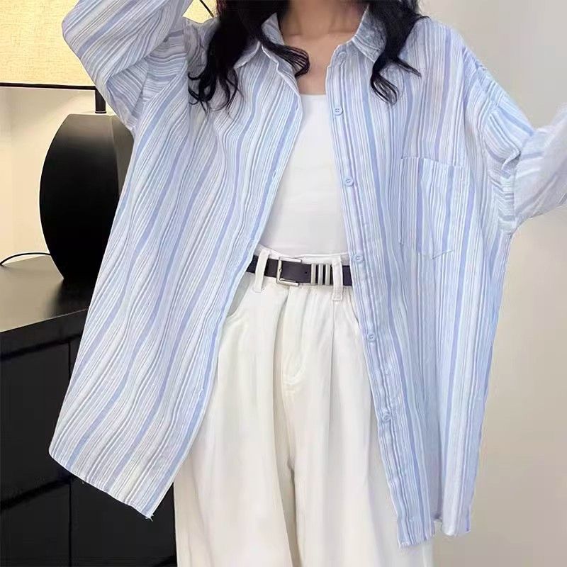 格瑞吉奧藍色豎條紋襯衫防曬外套女新款春秋慵懶風長袖百搭襯衣潮