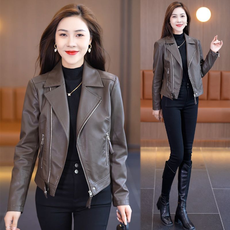 Leather jacket women's short 2023 autumn new PU motorcycle early autumn versatile black leather jacket for age-reducing small people