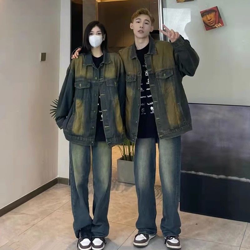 American retro couple outfit washed old denim jacket for men and women Korean version bf loose and handsome jacket casual top