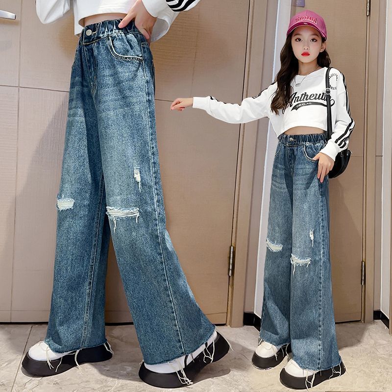 女童褲子春秋2023新款中大童女孩秋季時髦寬鬆兒童秋裝牛仔闊腿褲