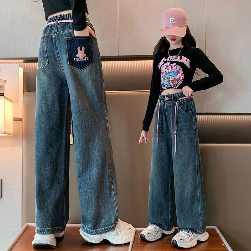 女童闊腿褲春秋2023新款大童秋裝寬鬆牛仔褲時尚休閒兒童秋季褲子
