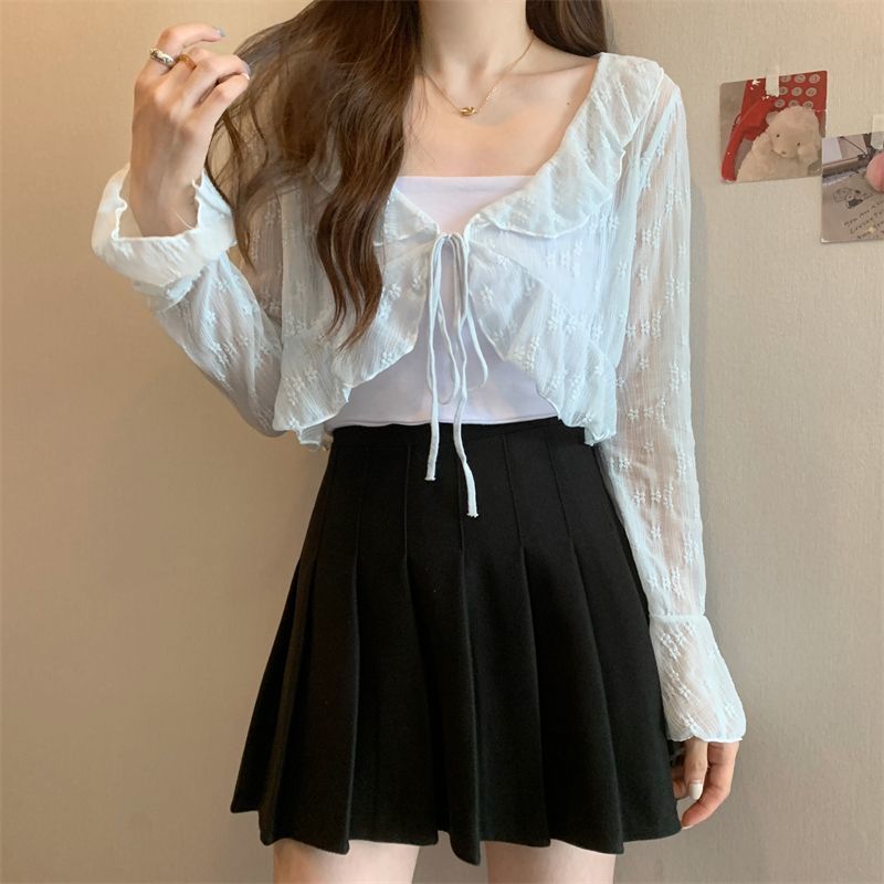 蕾絲系帶透氣防曬女夏季設計感小眾甜美減齡薄款外搭開衫上衣