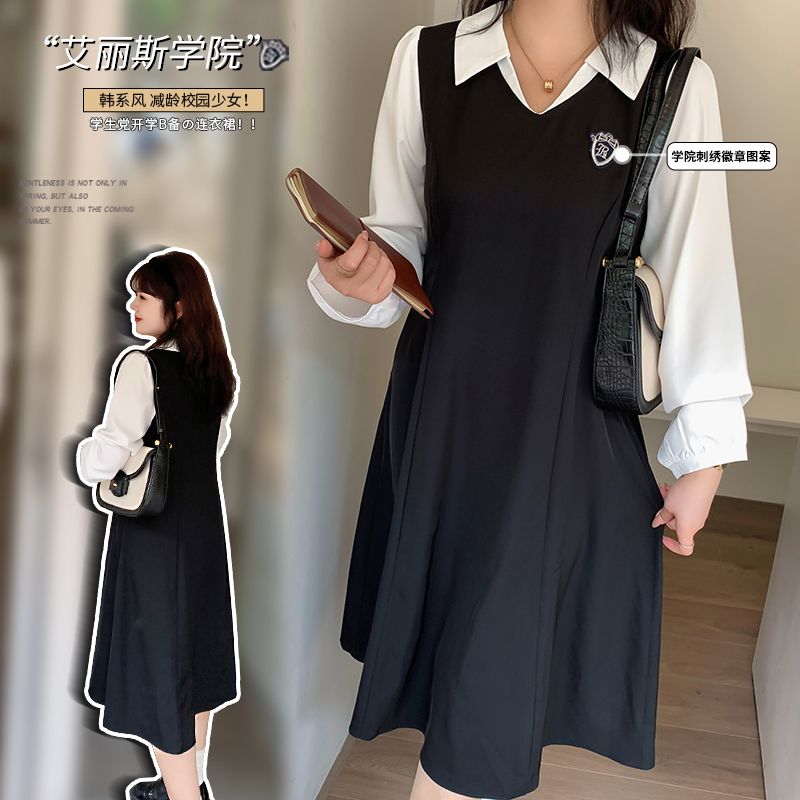 時尚大碼女裝胖妹妹學院減齡連衣裙2023秋季新款拼接收腰A字裙B24