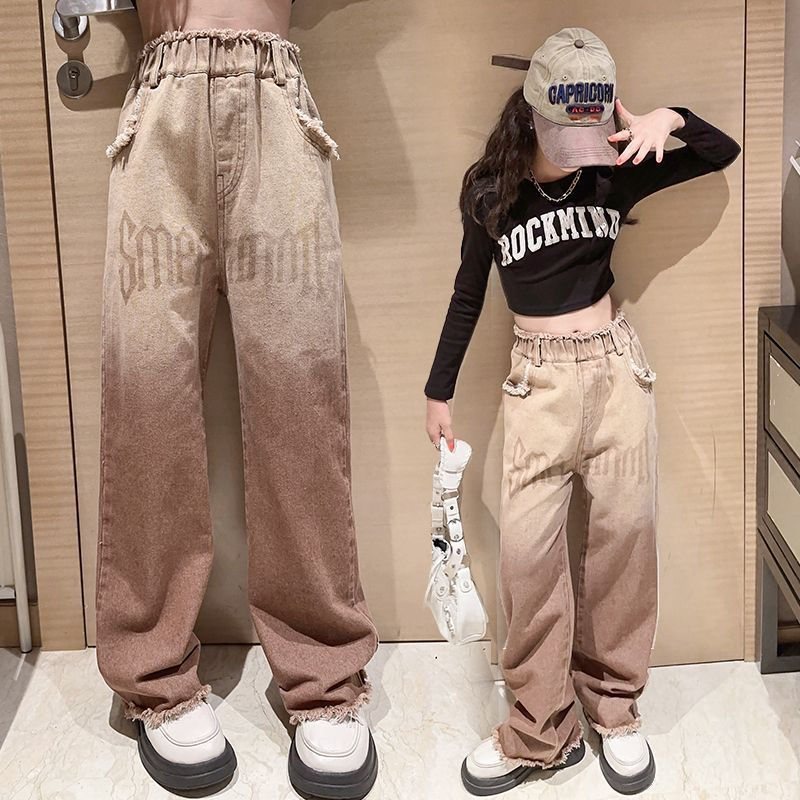 女童褲子春秋款時髦洋氣中大童外穿休閒秋季闊腿褲秋裝兒童牛仔褲